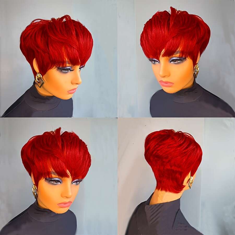 Women's 6-Inch Straight Human Hair Wig With Layered Bangs - Bright Ruby Red Pixie Cut, Density Rose Net Cap, Natural Look For Cosplay & Everyday 