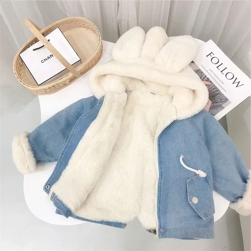 Jacket for Girls Boy Childrens Denim Jackets Warm Fur Cowboy Coat Baby Rabbit Ear Hooded Velvet Outerwear Kids Winter Clothes 251027