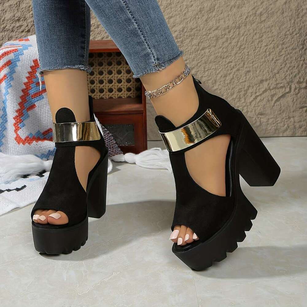 Women's Elegant Roman - 11Cm Open-Toe Platform Shoes With Golden Straps Ankle Support, All-Season Versatile Black Fashion Footwear For Casual & F
