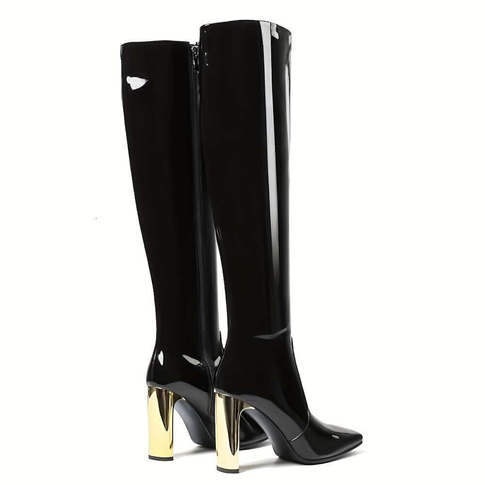 Women's Black Knee-High Combat With Side Zipper Square Toe - Chunky Heel Glossy PU Cover Punk Women, All-Season Versatile Footwear For Dresses & 