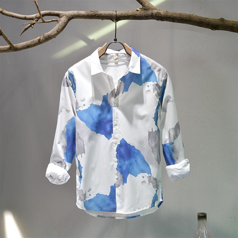 Spring and Autumn style lapel fashionable long sleeved mens printed button patch work shirt Korean style pure cotton top240802