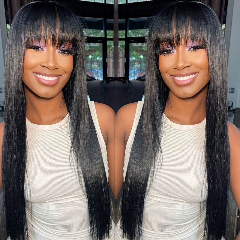 Wig Hairy Straight With Bangs None Lace Front For Women Unprocessed Brazilian Human Hair Hine Made Glueless Wigs 180% Density
