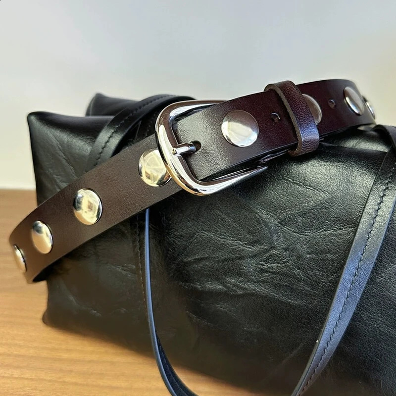 Womens Y2K Punk Style Belt 23cm Wide Black Rivet Waist Belt American Retro Fashion for Jeans and Cargo Pants 251027