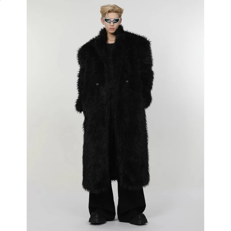 Mens winter artificial mink fur coat long over the knee fox fur wool fashion plush trench coat 251027