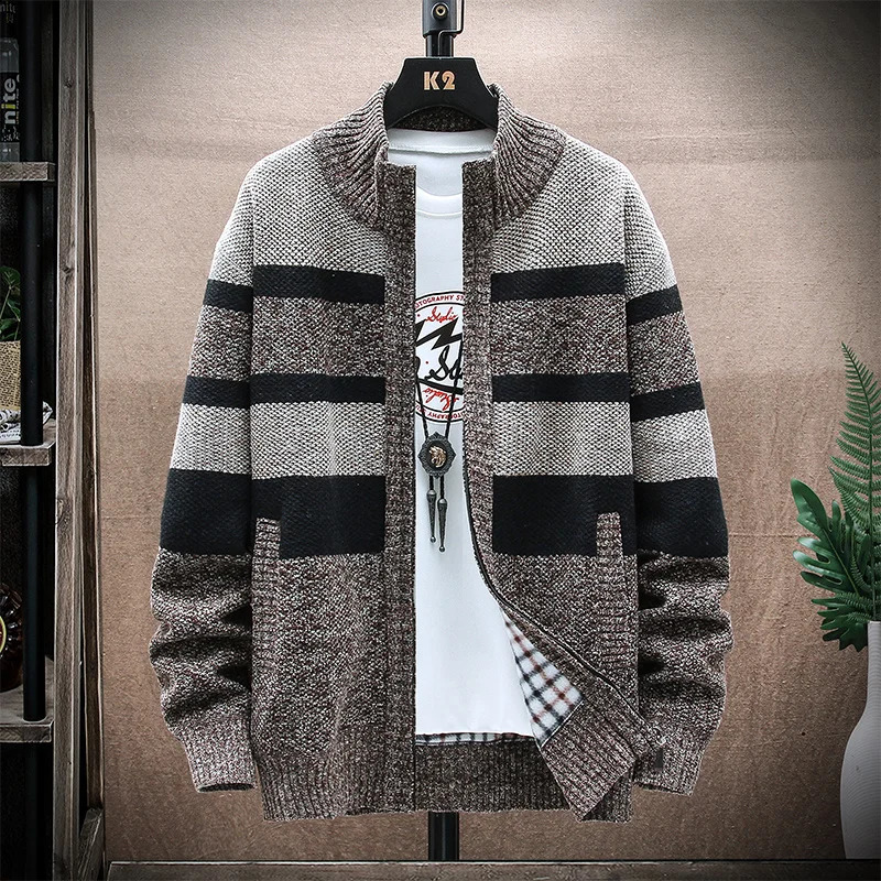 Mens Winter Striped Sweater Cardigan Patchwork Thick Warm Sweaters Coat Fleece Knitwear Zip Up Male Jacket 251017