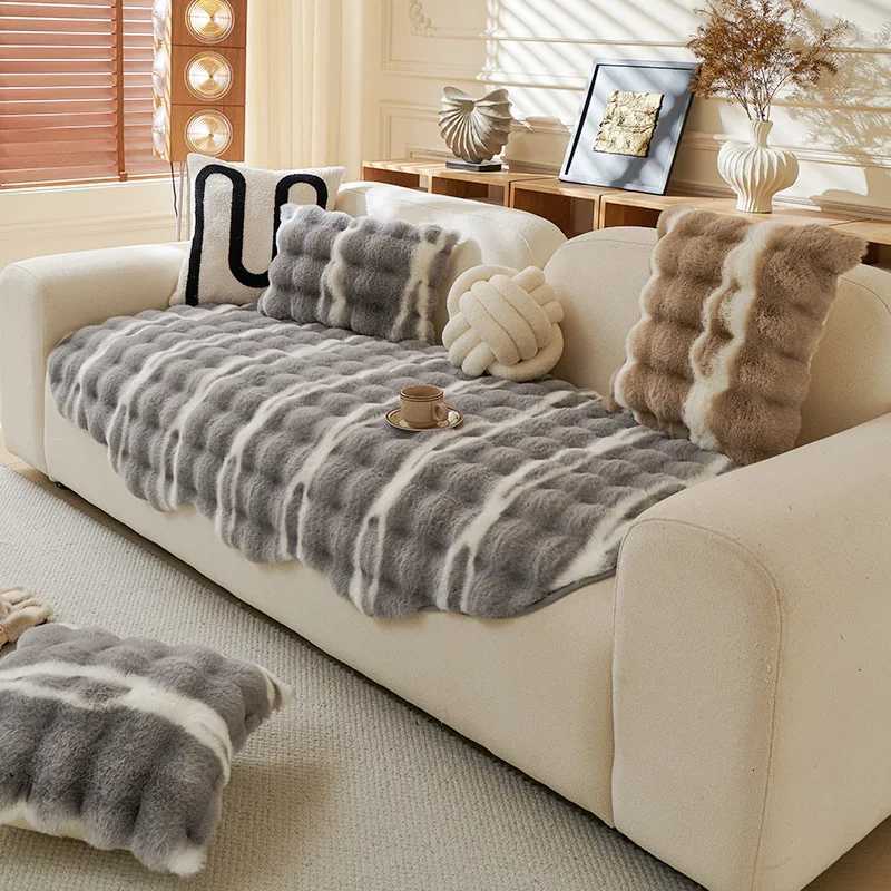 Irregular Gradient Rabbit Plush Sofa Cushion Winter Anti Slip Sofa Cover for Living Room Anti Cat Scratch EasyCare Seat Cushion C251028