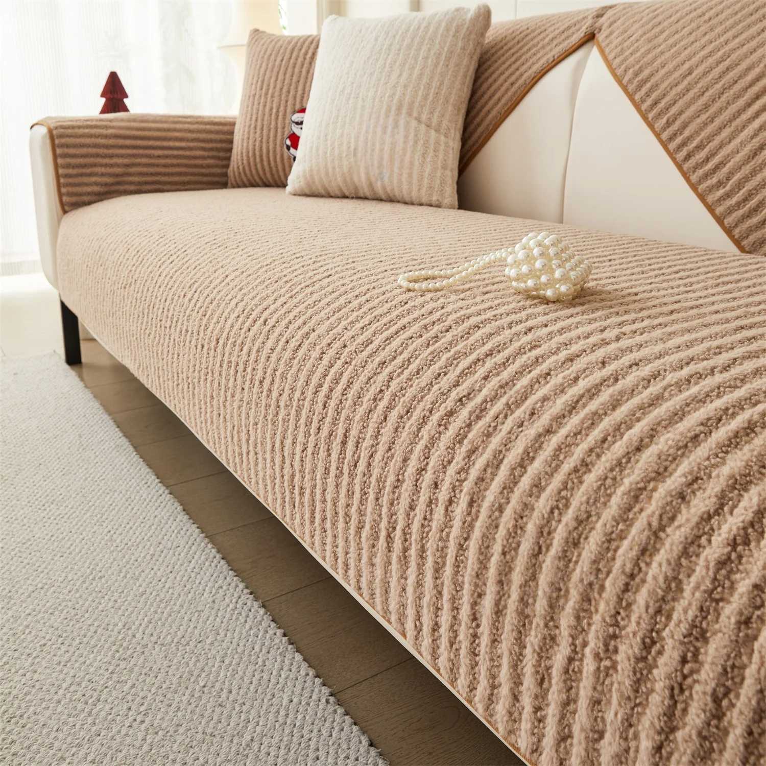 ic Stripe Jacquard Sherpa Sofa Cover Winter AntiSlip Couch Seat Cover for Living Room Sofa Towel Furniture Decor C251028