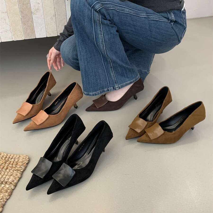 2025 New Autumn Women's Designer High Heels - French-Style Elegant Pointed-Toe Pumps, Shallow Mouth & Metal Buckle Detail