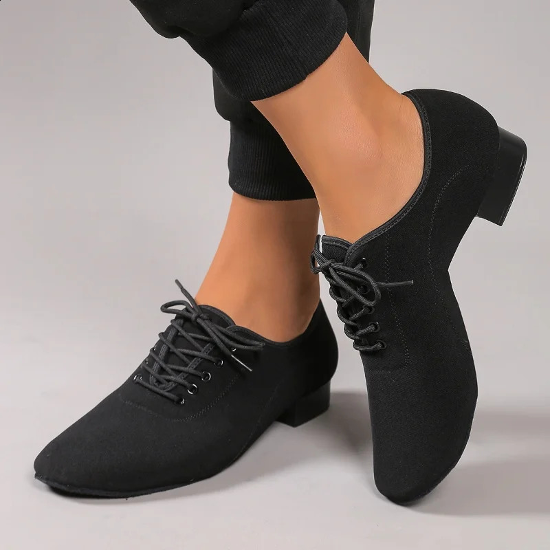 Mens black stretch fabric Latin dance shoes soft and comfortable with twopoint soles also suitable as modern dance shoes 251023ww