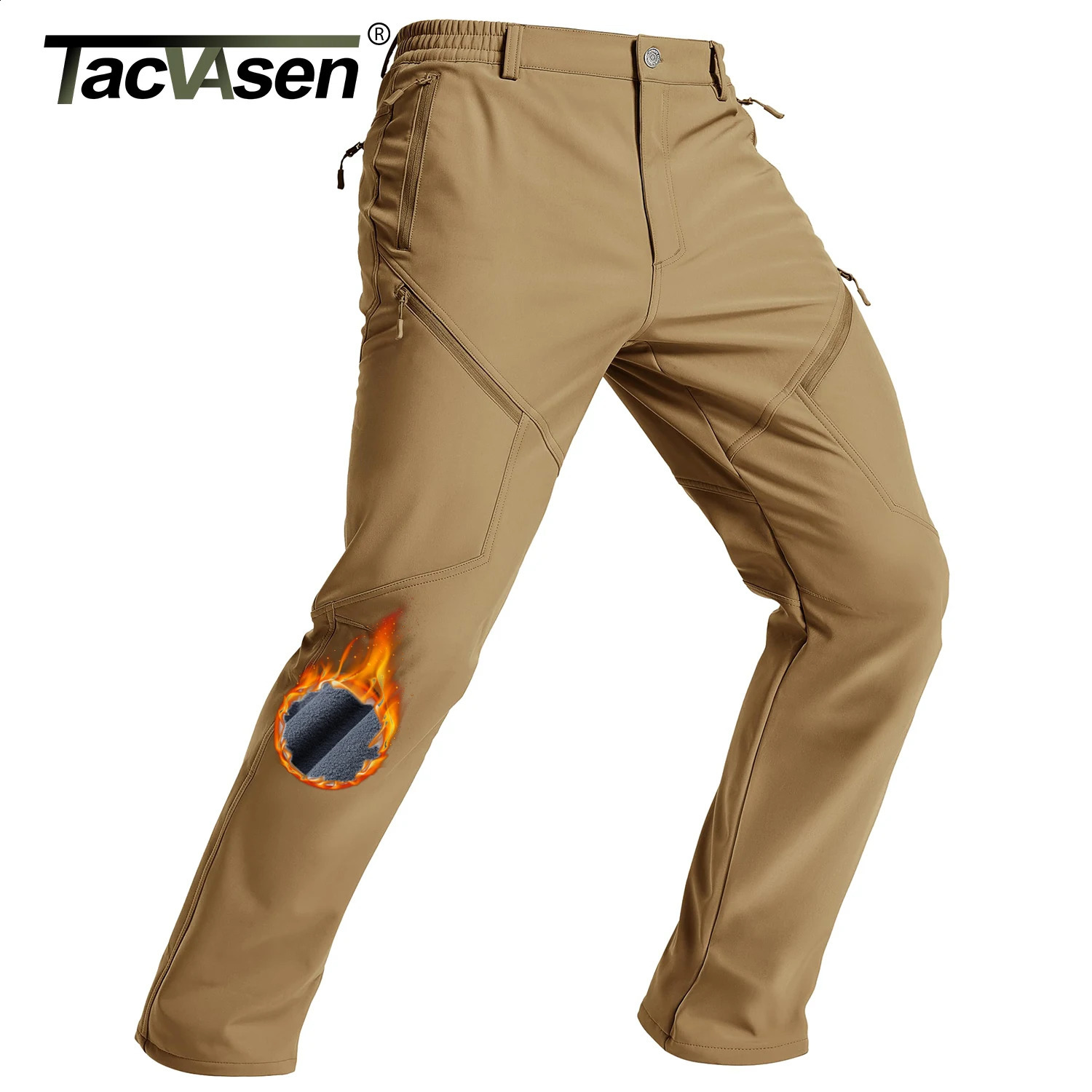 TACVASEN Mens Winter Hiking Pants Fleece Lined Waterproof Softshell Snow Ski Insulated Work Cargo with 6 Zip Pockets 251027