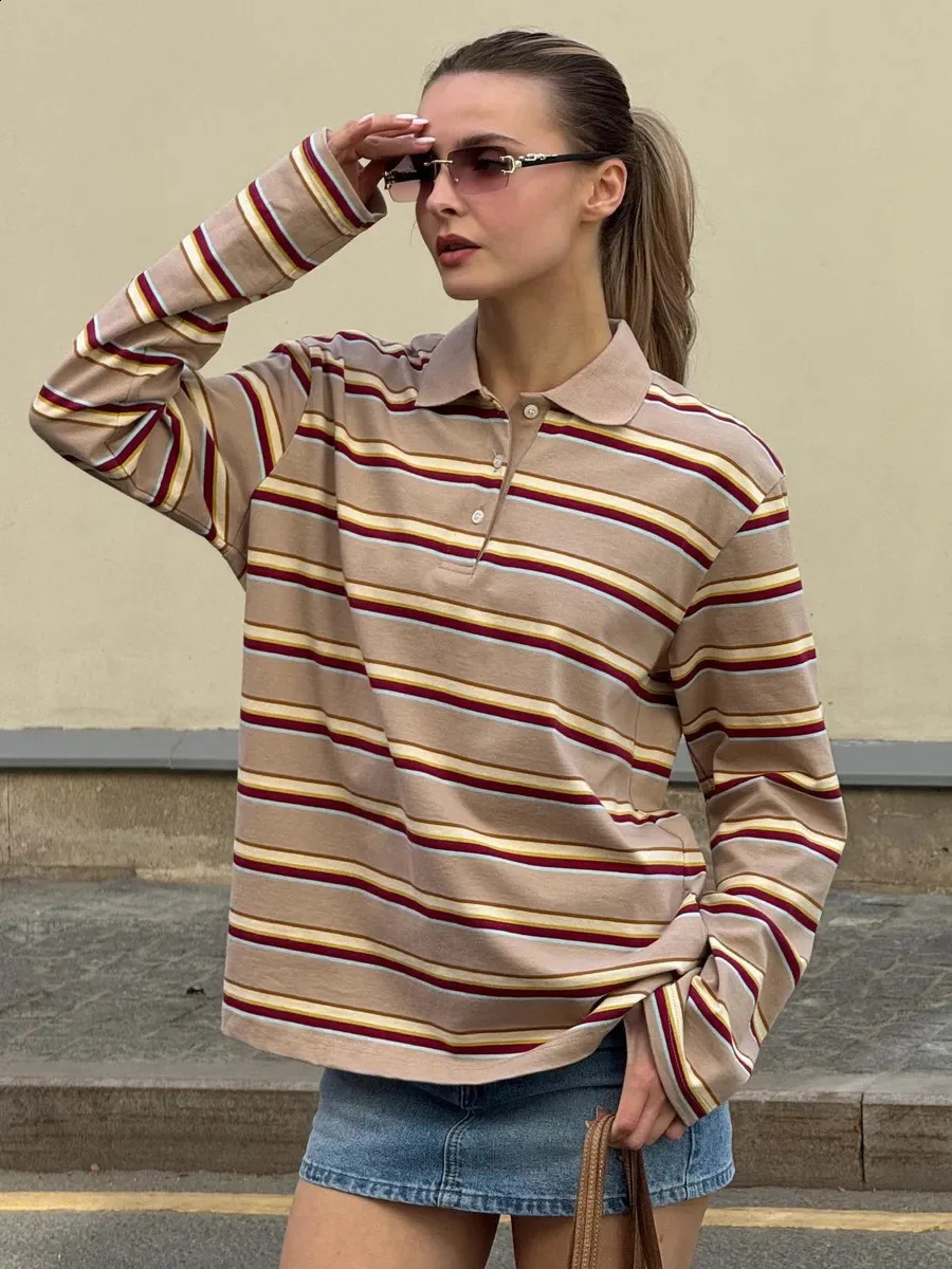 Womens Striped Polo Shirt Long Sleeve Vintage Collared Top Color Block Preppy Style Loose Fit Casual Tunic Contrast Trim Retro 251027