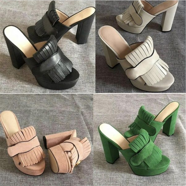 Women Suede Pumps Platform Sandals Designer Shoes Heel 7.5cm 11cm Marmont Sandal With Fold Over Fringe Real Leather Slides NO28
