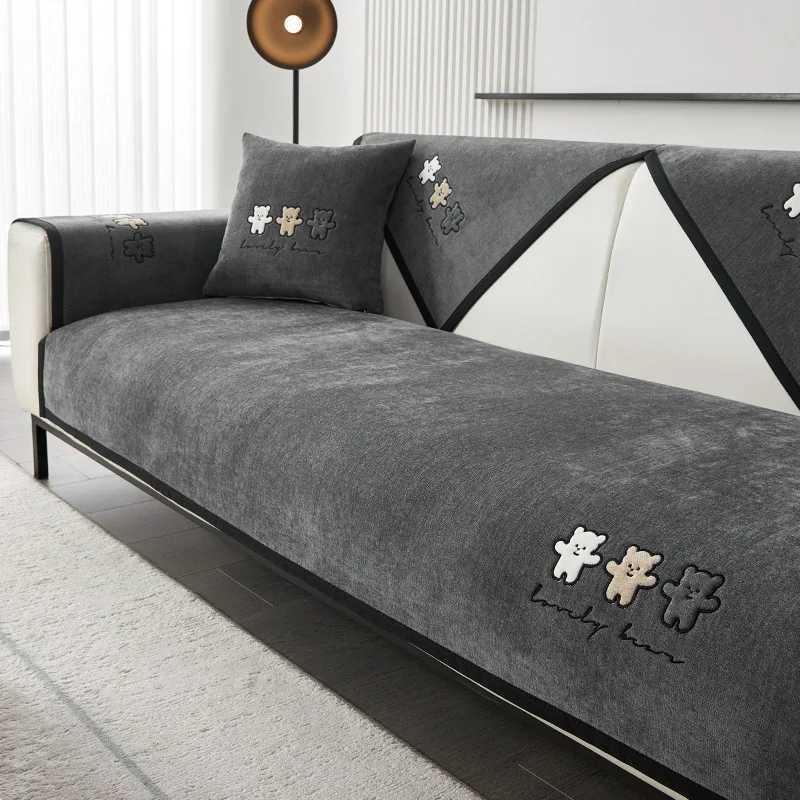 Winter Chenille Sofa Cover Thicken Warm Sofa Mat Covers for Living Room Solid Color Antislip Cartoon Embroidered Couch Cover C251028