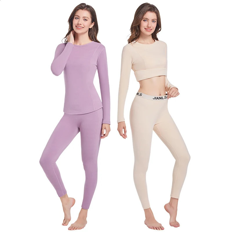2piece AutumnWinter Womens Solid Color Simple Warm Underwear Set Comfortable Round Neck Long Sleeve Elastic Waist Pants Large 251027