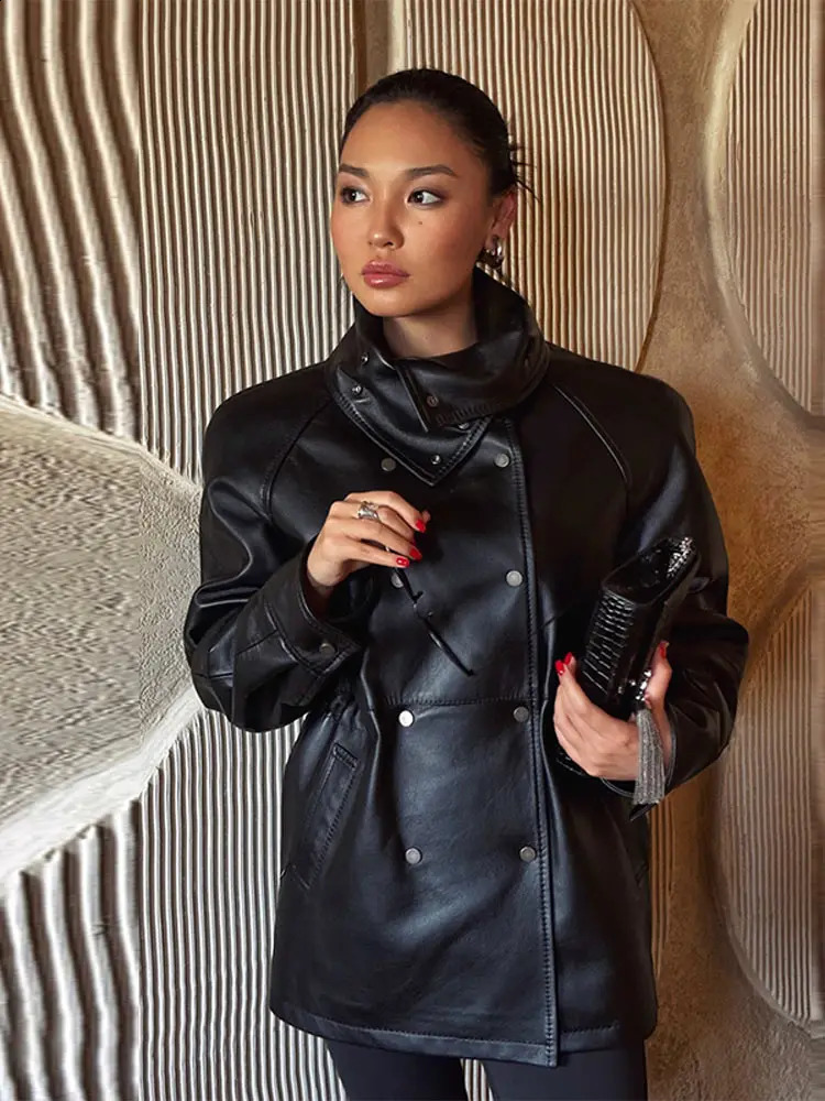 Women Fashion Black Leather jacket Double slim fit stand up collar Coat 2025 Autumn High Street Outfits Womens jackets 251027