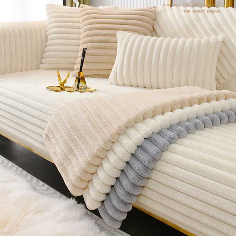 Winter Thick Faux Rabbit Plush Sofa Cushion Solid Anti Slip Sofa Cover for Living Room Office Striped Quilted Warm Seat Cushion C251028
