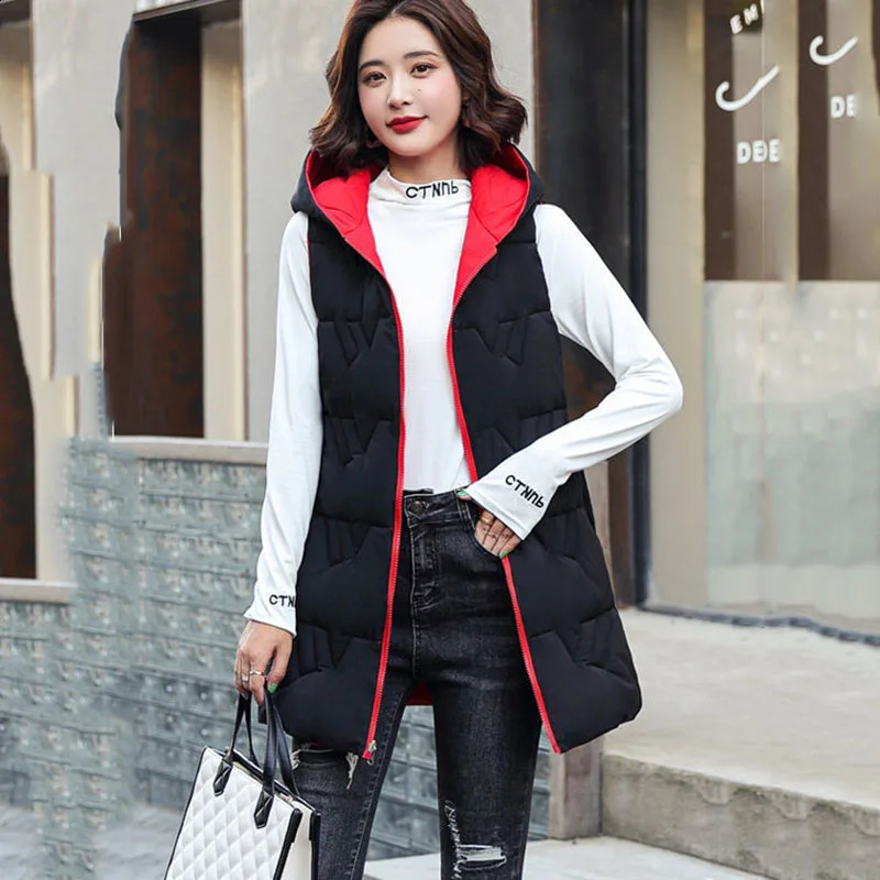 Womens Long Hooded Cotton Vest Padded Waistcoat Doublesided Down Warm Female Autumn Winter 251027