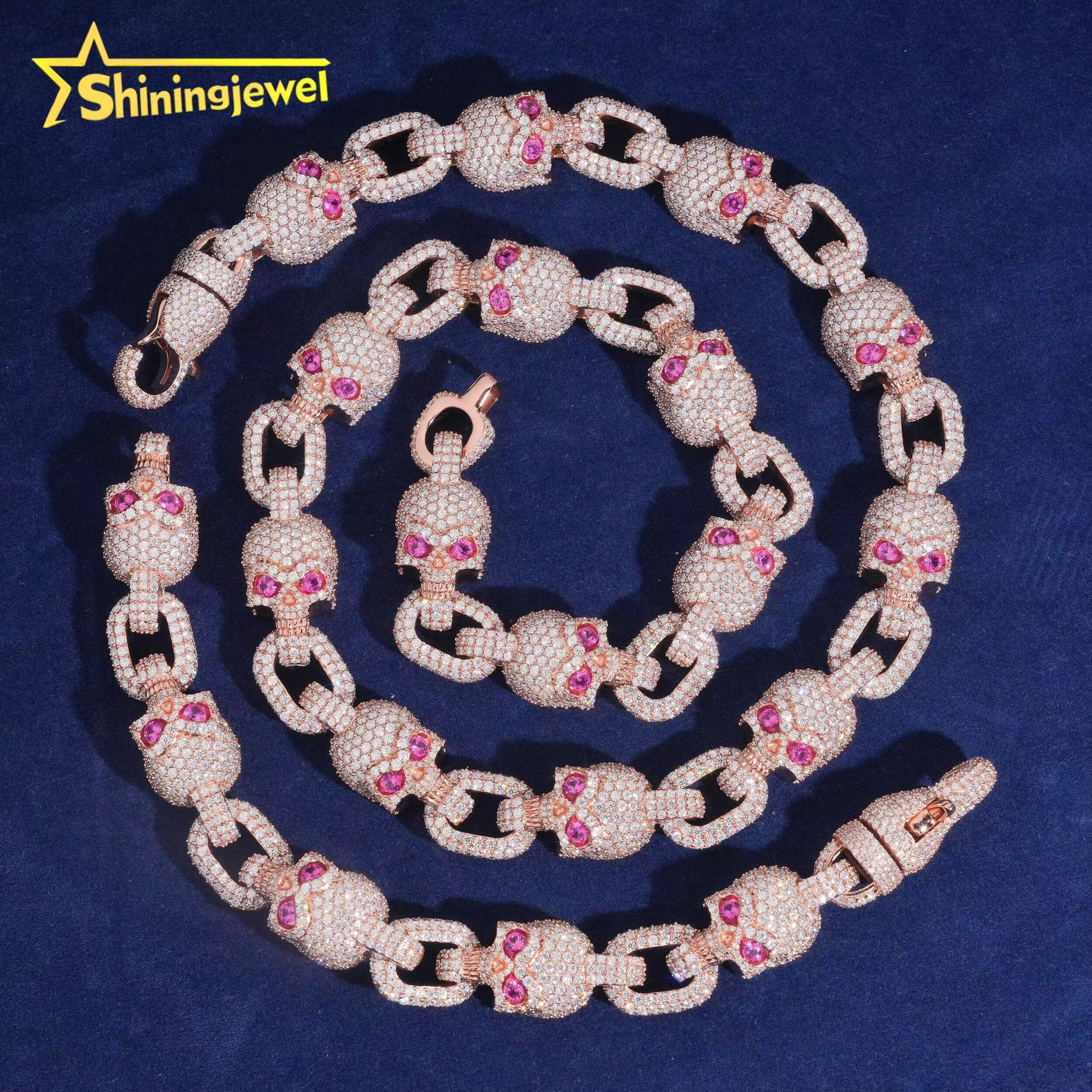 Fine Jewelry Iced Out 925 Silver Rose Gold Pink Skull Chain Hip Hop VVS Moissanite Necklace