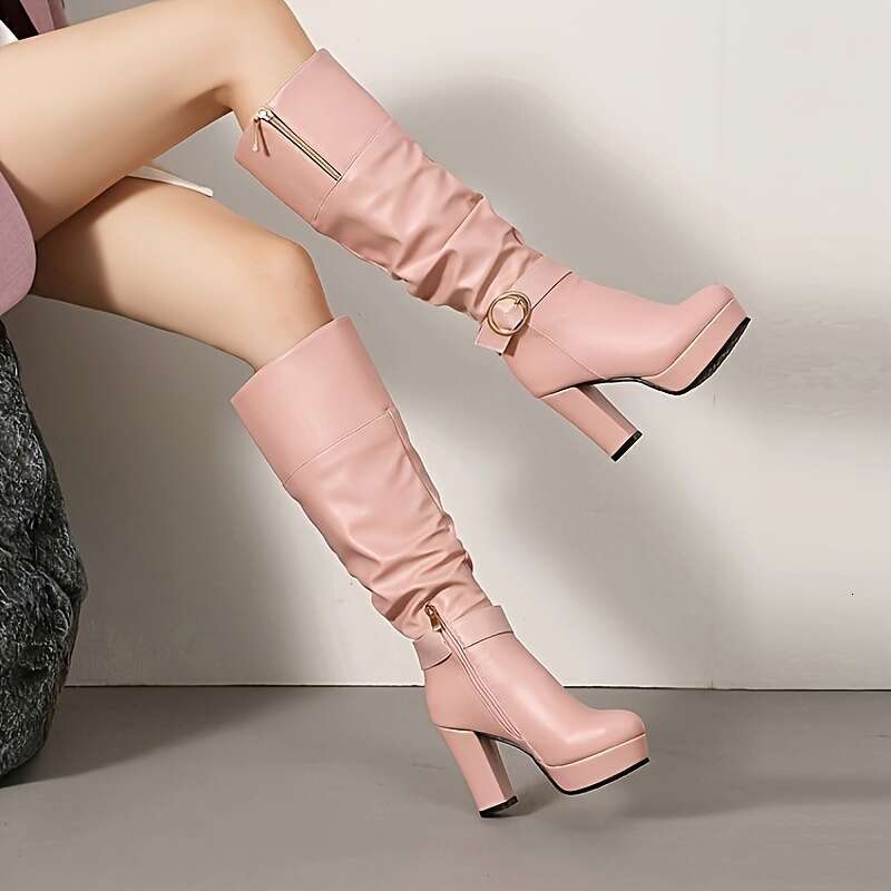 Women's Extra Leg Fitting Over-The-Knee OTK Zipper Closure, Thick Platform Chunky Heel, Golden Buckle Accent Pink/Black/White/Gray/Navy - Dress S