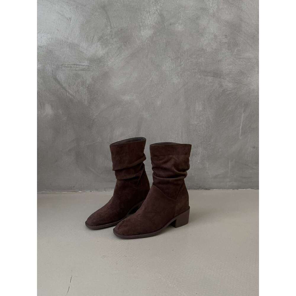 2025 Autumn Winter New Korean Style Boots - Women's Designer Frosted Leather Chunky Mid-Heel, Comfortable Slouchy Short Fashion Boots