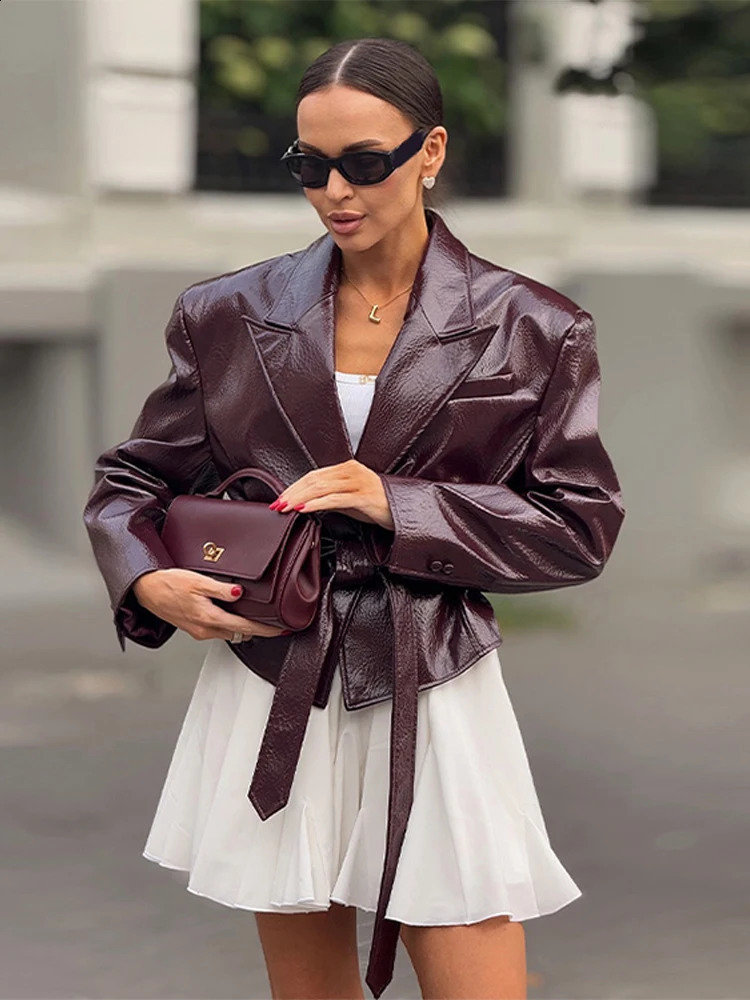 Vintage Womens Leather Jacket With Belt Slim Lace Up Lapel Long Sleeve Short Coat 2025 Autumn Lady High Street Y2k Outerwear 251027