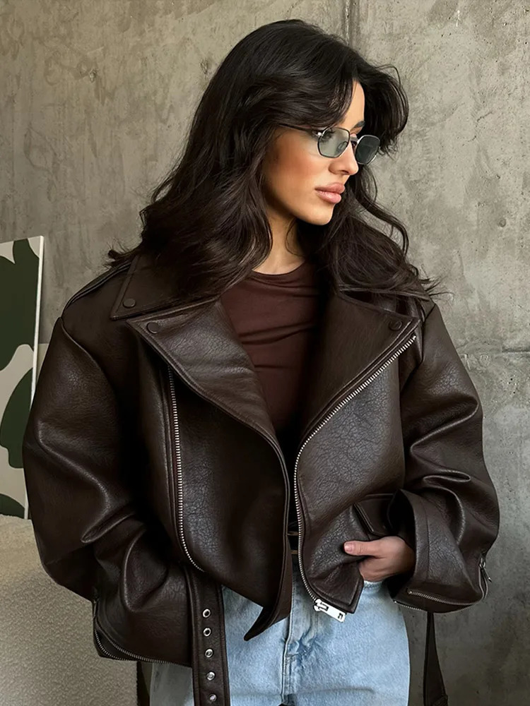 Women Chic Brown Leather Jacket With Belt Chic Long Sleeve Laple Zipper Short Coats 2025 Autumn Ladies Street Biker Jackets 251029