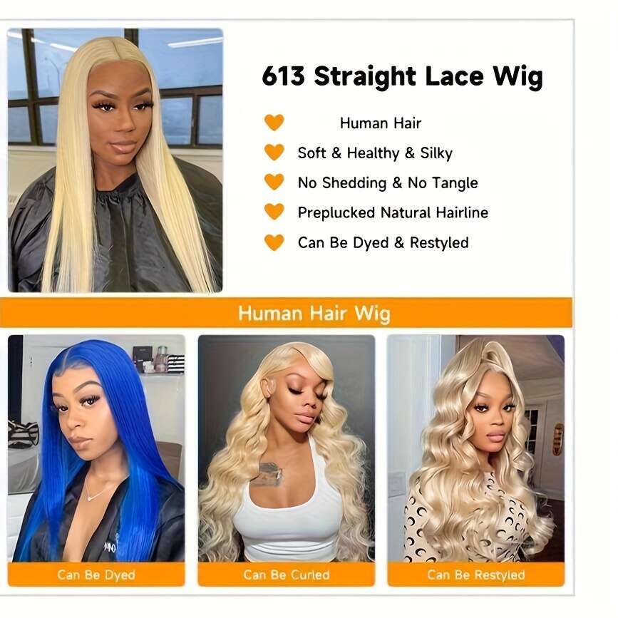 613 Blonde Front - 180% Density Human Hair, 13X4 Lace Frontal Wig Women, Elegant Straight Hair Style, Perfect For Halloween Cosplay