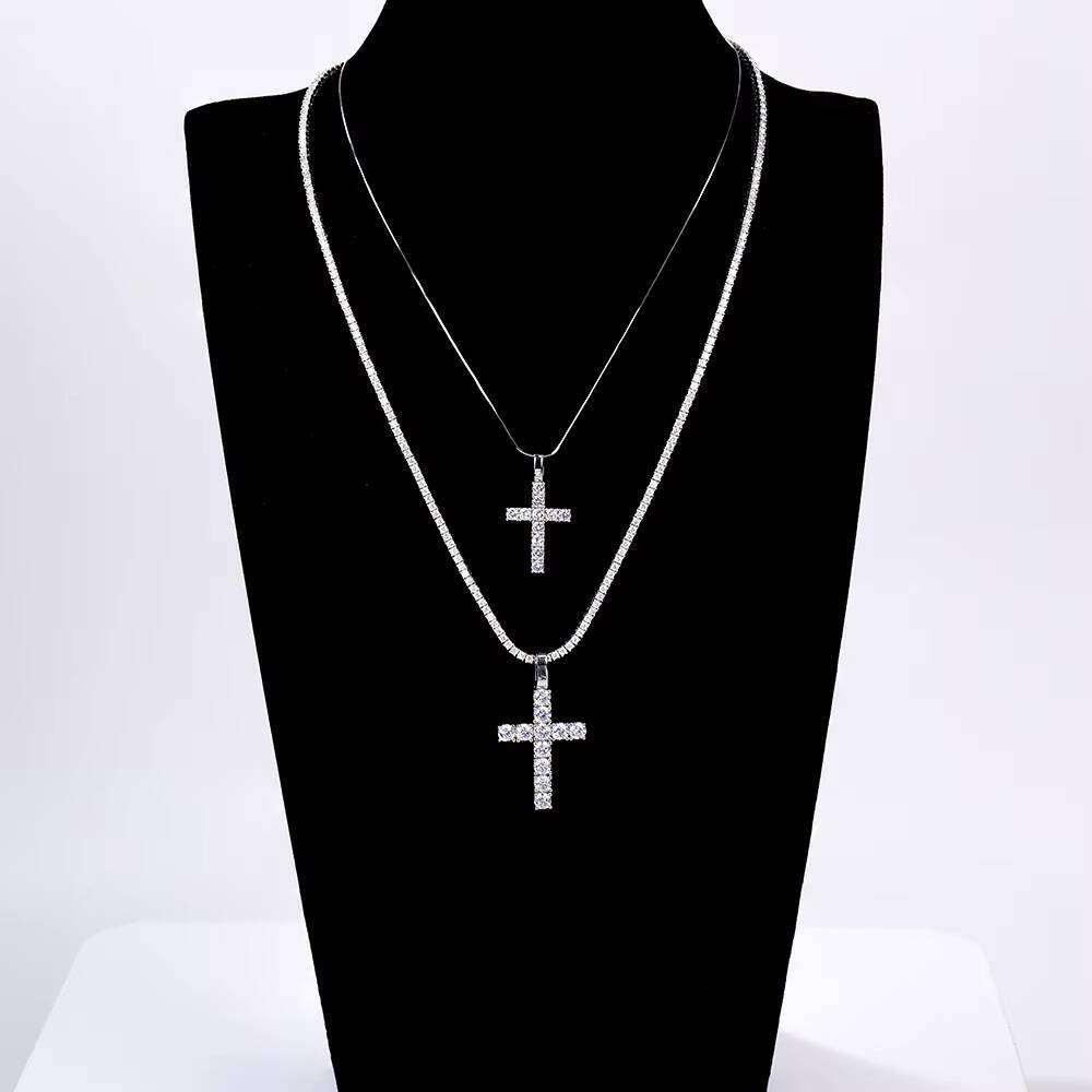 Trueya Mens Womens 925 Sterling Silver Cross Pendants Diamond Moissanite Vvs Iced Small Chain Necklaces Gift Gra Certificate