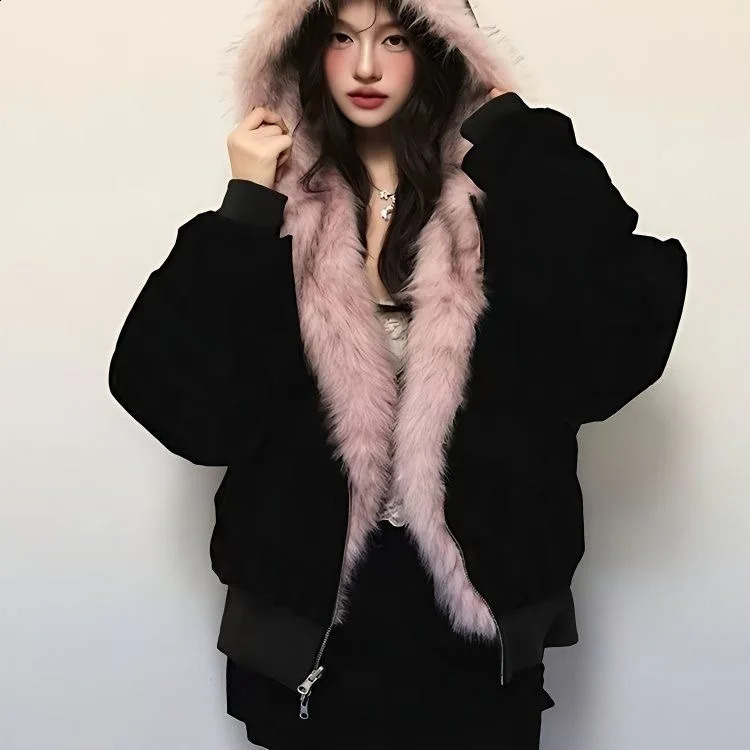 Winter plush jacket American log warm men and women retro stylish hiphop simple loose leather motorcycle 251027