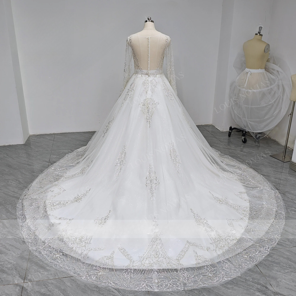 Luxury New Long Sleeve A-Line Wedding Dresses Sweep Train 3D-Floral Appliques V-neck Bridal Gowns Custom Made Color/Size