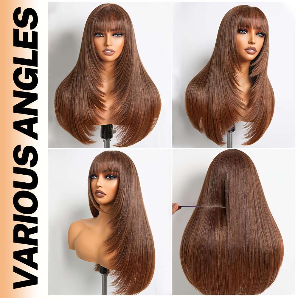 Chic Layered Straight Wig With Bangs - Brown Synthetic Hairpiece Women, Glueless Pixie Cut, Density Rose Net Cap, Perfect For Daily Use & High-Tempera