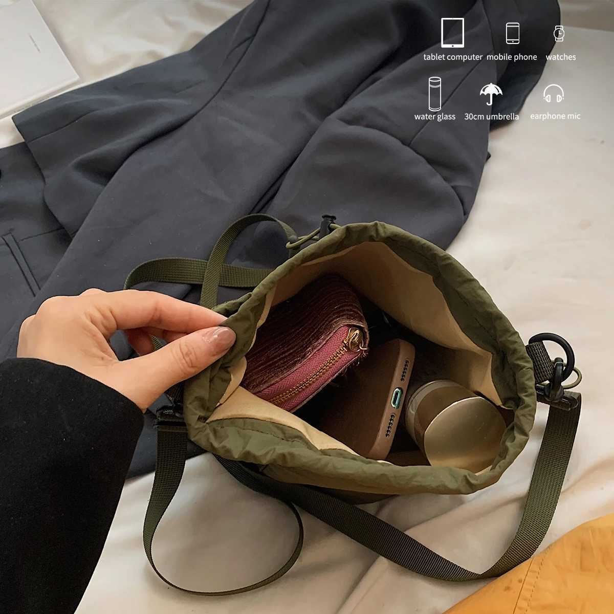 KStyle Niche Nylon Bag for Women 2025 Lightweight and Versatile Ins Crossbody Bag Drawstring Bucket Mobile Phone BagW251028