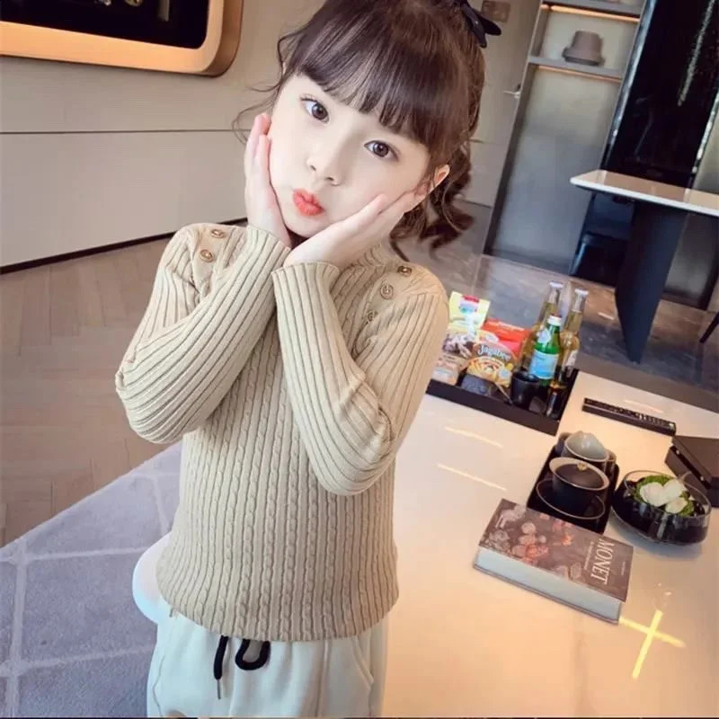 Girls Sweater Winter Decorative Buttons High Neck Solid Color Bottom Shirt Multicolour Children High Elasticity Knit Pullover 251027