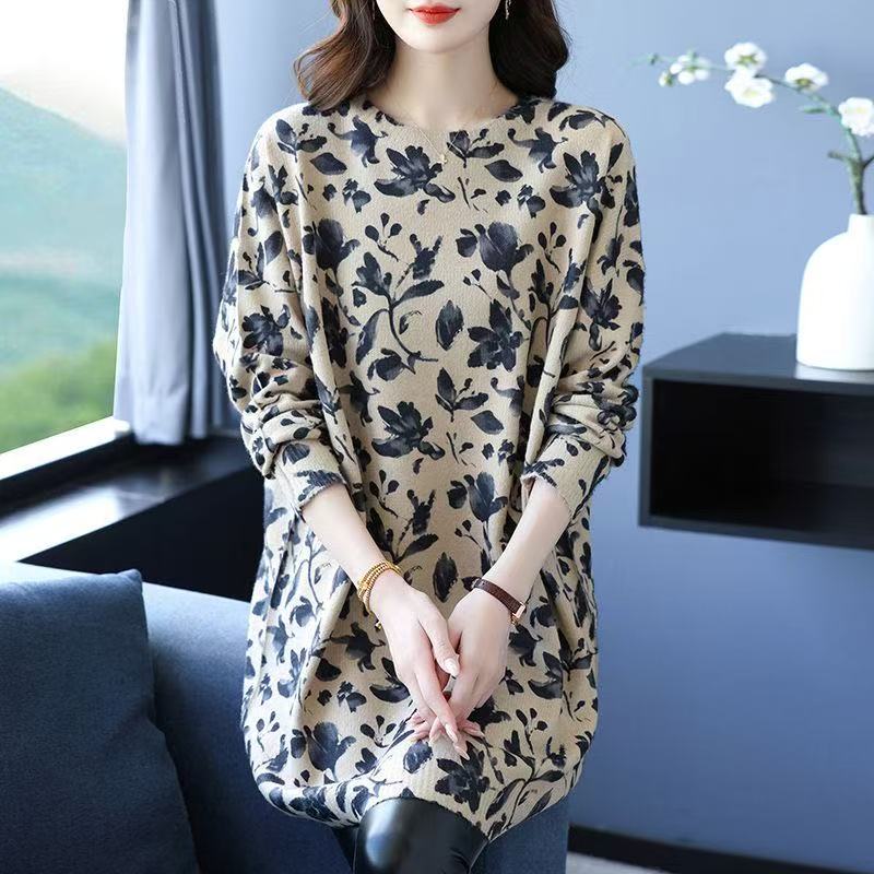 plus size women's new long sleeve high waist printed banquet dress mid-length skirt D02765