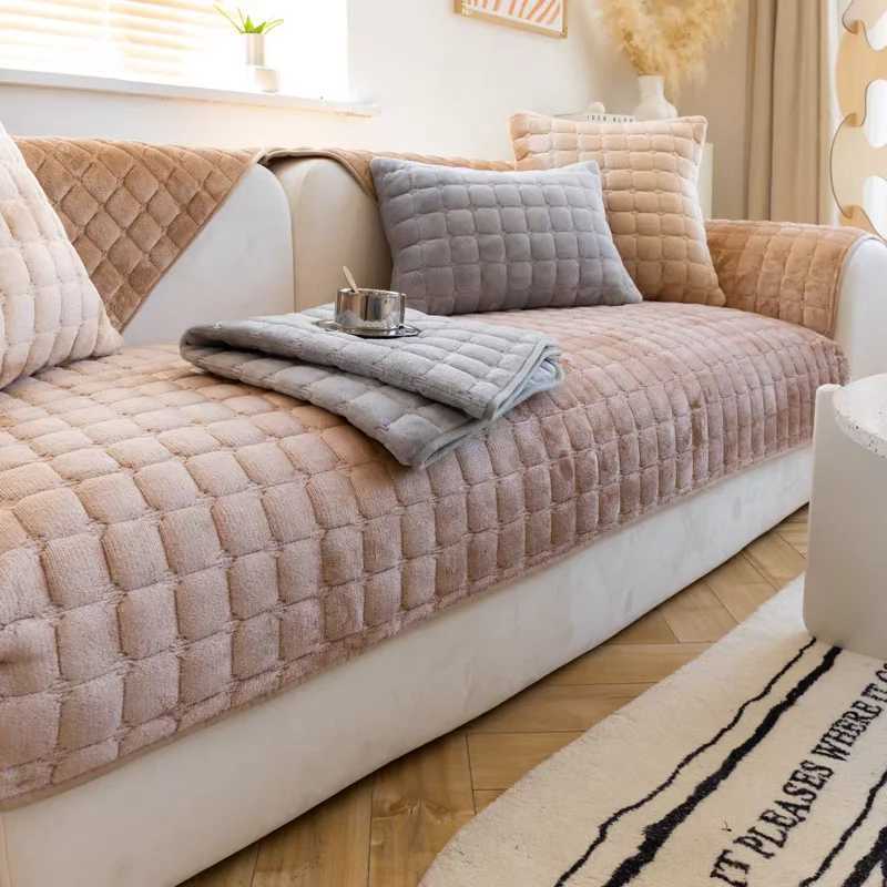 Thickened Flannel Sofa Cushion Simple Plaid Velvet Plush NonSlip Cushion Leather Dustproof Living Room Sofa Cover Armrest Towel C251028