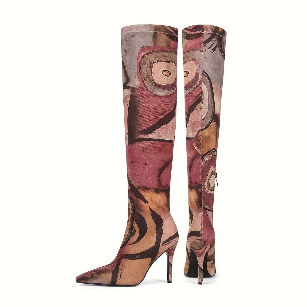 Elegant Over-The-Knee With Artistic Print, Pointed Toe, And Stiletto - Fabric & Faux Cover, Rubber Sole, Zip Closure For Women, High Heel Boots