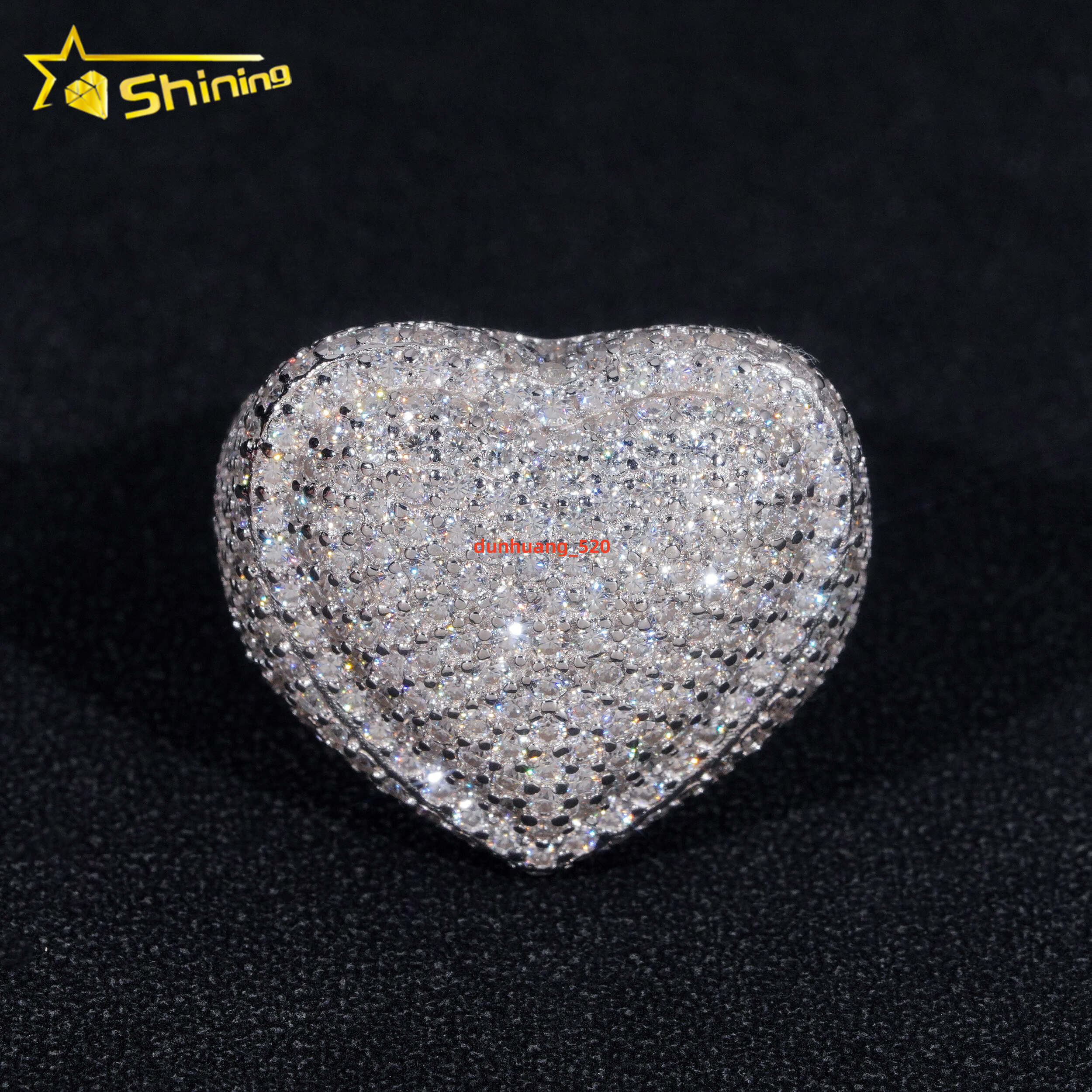 Ready to Ship Moissanite Mens Ring 925 Silver Iced Out Heart Shape Hip Hop Rings