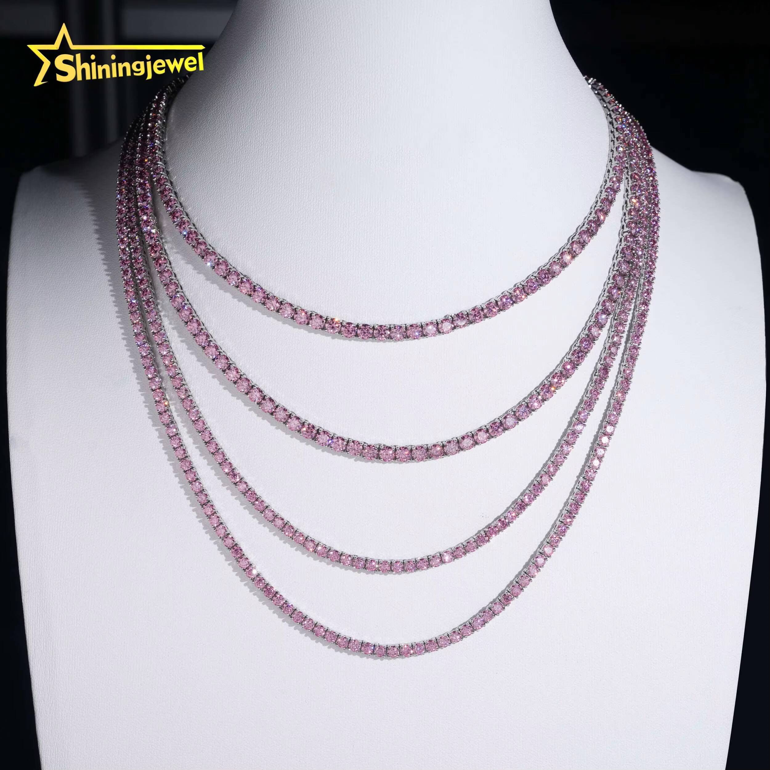 Pass Diamond Tester Pink Moissanite Tennis Necklace Bracelet 3mm 4mm Colorful Tennis Chain 925 Sterling Silver Fine Jewelry