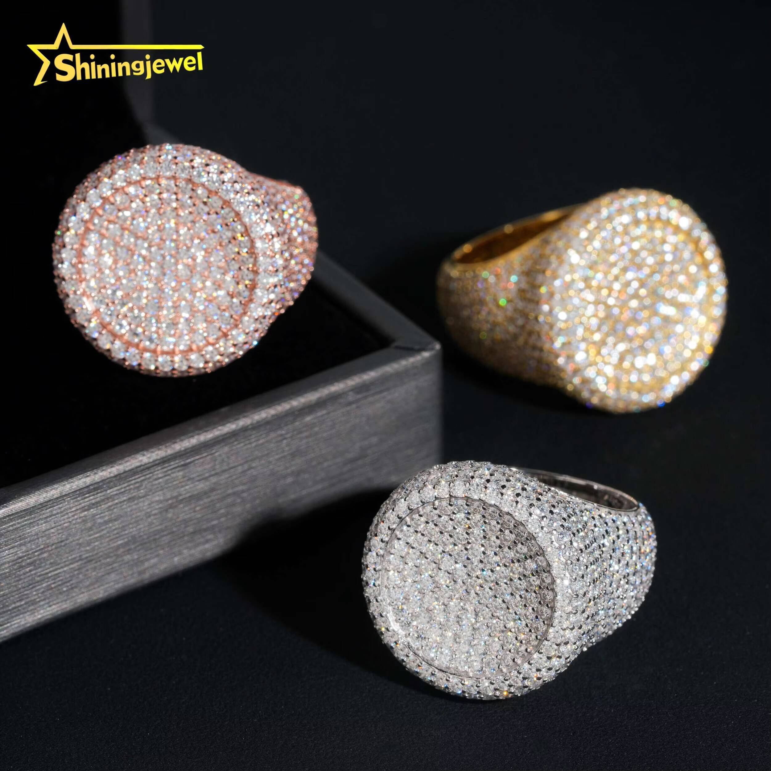 Hot Sale Round Shape Moissanite VVS Pass Diamond Test 925 Sliver Gold Plated Mens Moissanite Diamond Hip Hop Iced Out Rings
