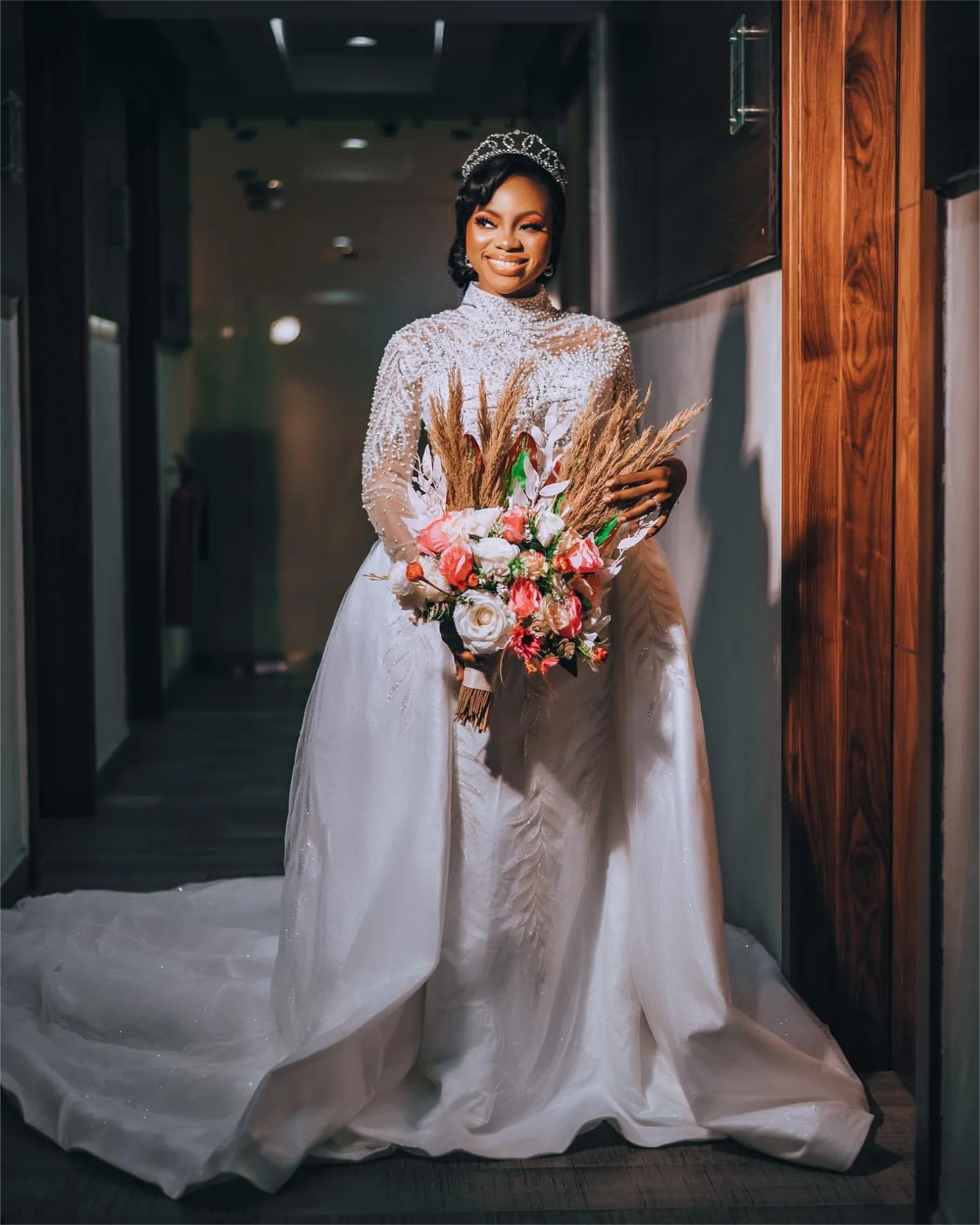 Arabic Aso Ebi Plus Size Mermaid Wedding Dress in Ivory with Lace Full Sleeves Pearls Crystals and Detachable Train