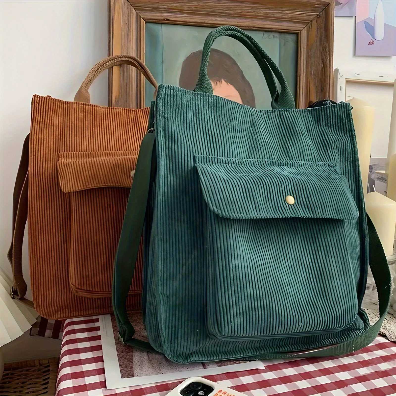 Womens Vintage Corduroy Tote Bag Stylish Multiple Pockets Ideal for Students Work Everyday Handbag Shoulder Crossbody BagW251028