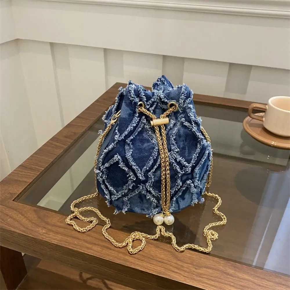 Portable Pearl Denim Bucket Bag Chain Small Purse Tassel Denim Crossbody Bag Korean Style Handbag Cloth Shoulder Bag PartyW251028