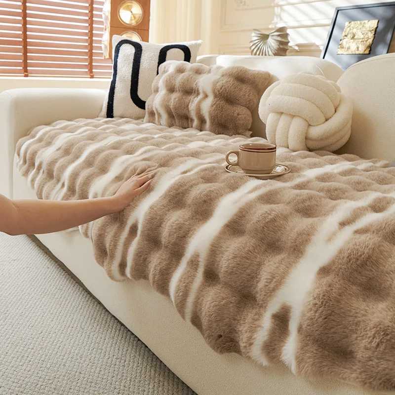 Irregular Gradient Rabbit Plush Sofa Cushion Winter Anti Slip Sofa Cover for Living Room Anti Cat Scratch EasyCare Seat Cushion C251028