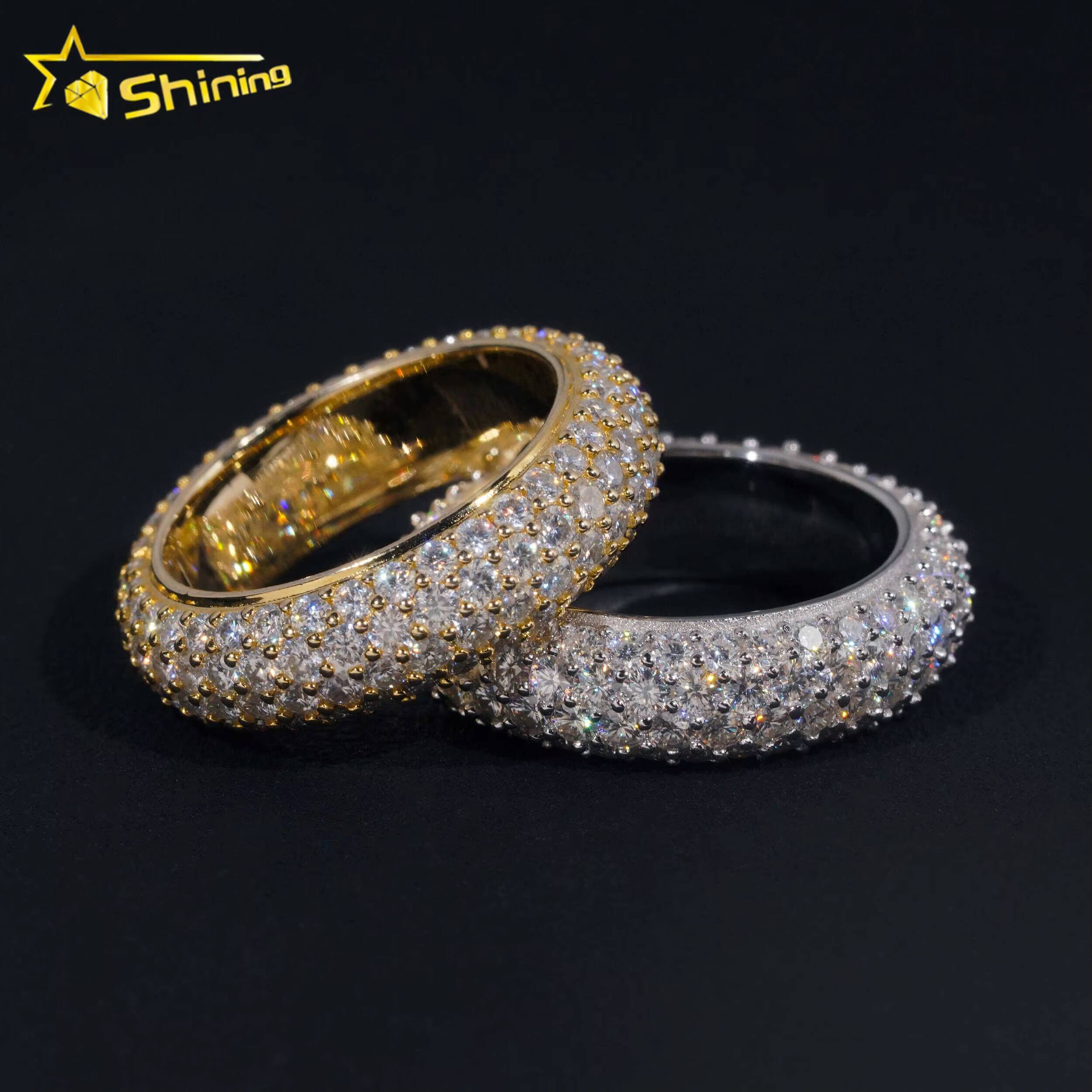 Fine Jewelry Stock GRA Certified Solid 925 Sterling Silver Gold Plated Iced Out Diamond Moissanite Fully Iced 4 Rows Band Ring