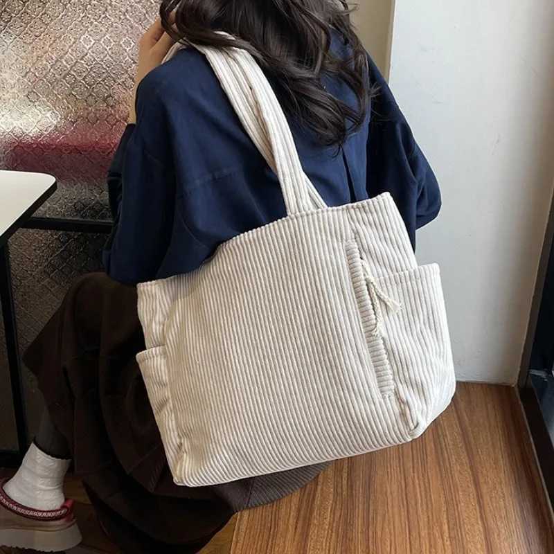 Corduroy Shoulder Bag Casual Solid Color with Multiple Pocket Tote Bag for Women Commute Shopping Fitness Storage HandbagW251028
