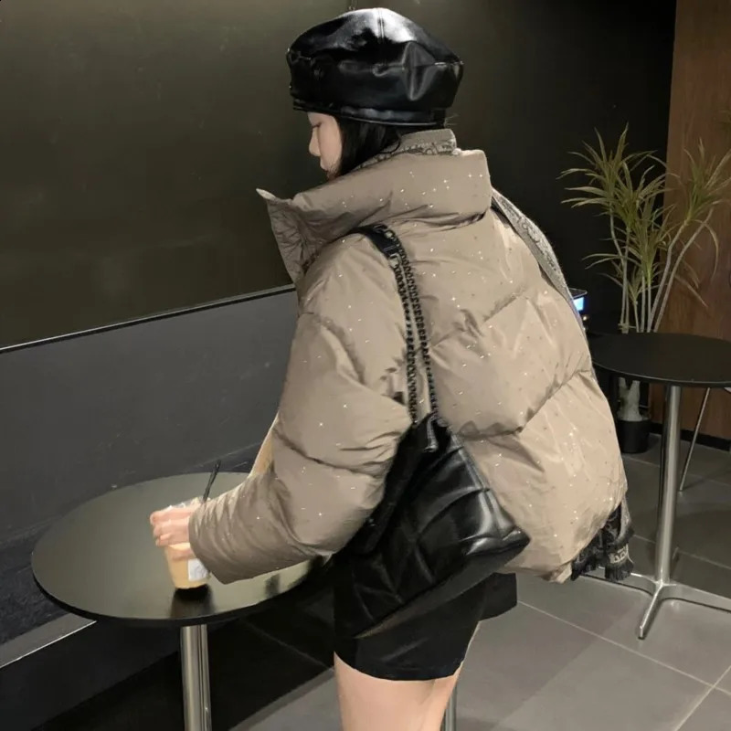 Women Autumn Winter Elegant Puffer Jacket Coats Chic Short Zipper Parkas Coat Korean Fashion Stand Collar Solid Outerwear 251015