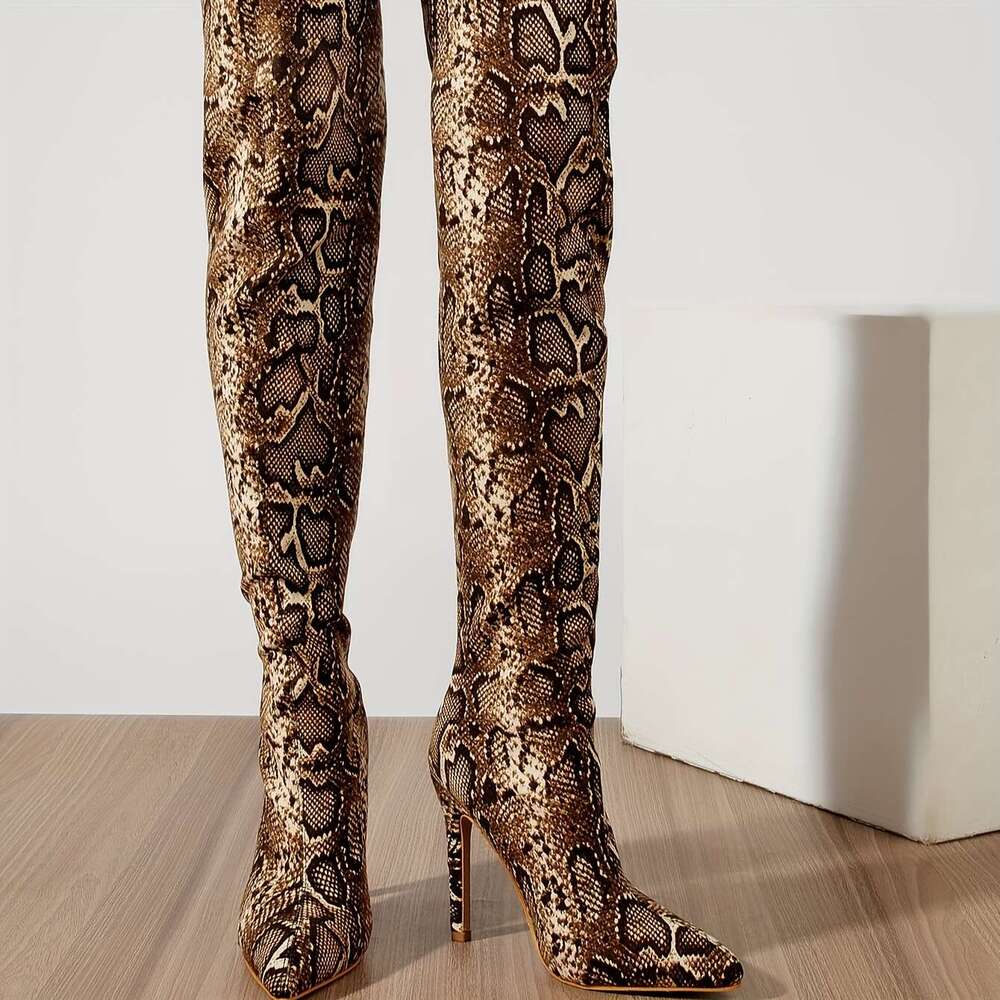 Women's Sexy Snake Light Beige - Pointed Toe Stiletto High Heel, All-Season All-Terrain Thin Heel With Fabric Upper & Rubber Sole, Elegant Dress 