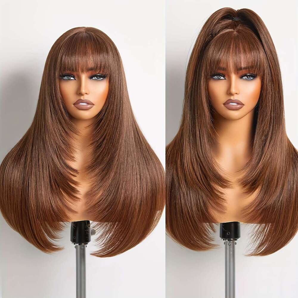 Chic Layered Straight Wig With Bangs - Brown Synthetic Hairpiece Women, Glueless Pixie Cut, Density Rose Net Cap, Perfect For Daily Use & High-Tempera
