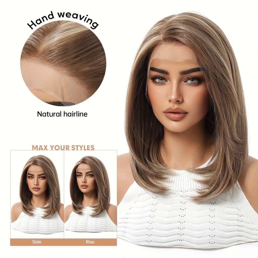 13X6 HD Transparent Front 14Inch Highlight Brown Color Short Bob Synthetic Glueless Lace With Pre Plucked Natrural Hairline Daily Wear Party-Natural L