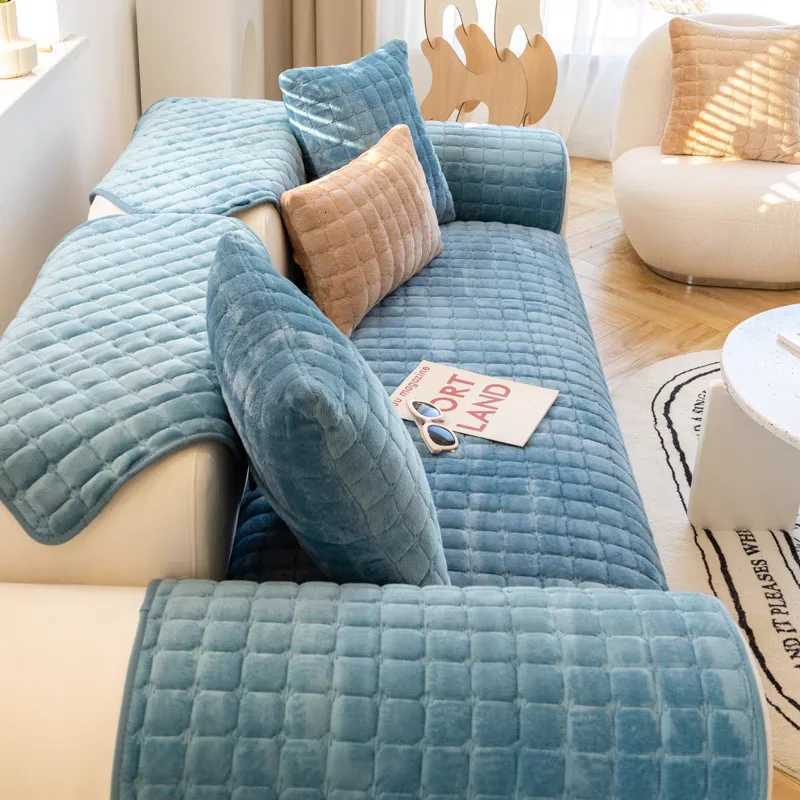 Thickened Flannel Sofa Cushion Simple Plaid Velvet Plush NonSlip Cushion Leather Dustproof Living Room Sofa Cover Armrest Towel C251028